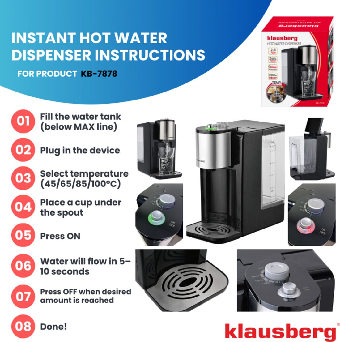Klausberg KB7878 heetwaterdispenser – 2,2 liter tank, 4 temperaturen, 2600 W – foto 6