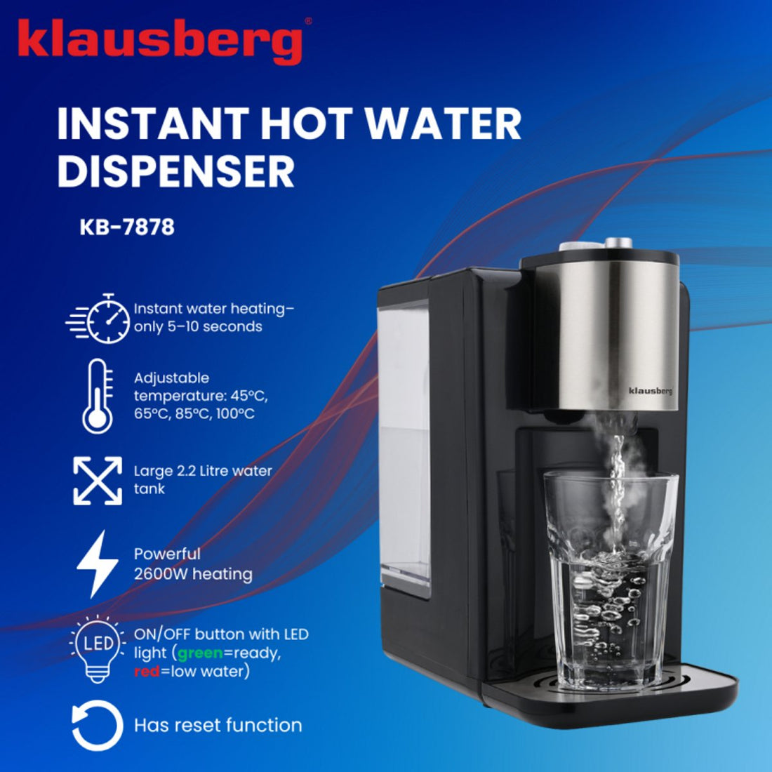 Klausberg KB7878 heetwaterdispenser – 2,2 liter tank, 4 temperaturen, 2600 W – foto 2