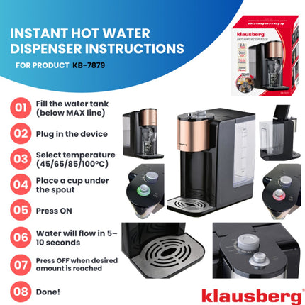 Klausberg KB7879 Distributeur d'eau chaude – 2,2 Litres – Contrôle de la température (45-100°C) – Noir & Rose Gold – 2600W - Distributeur d'eau chaude