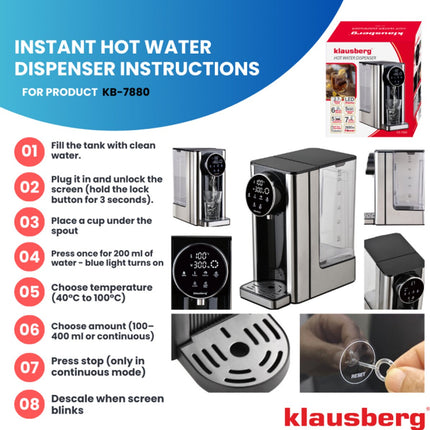 Klausberg KB7880 Distributeur d'eau chaude – 2,7 litres – Commande tactile LED – Contrôle de la température et du volume – 2600W - Distributeur d'eau chaude