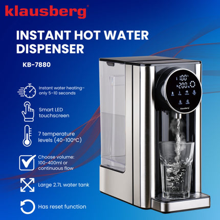 Klausberg KB7880 Distributeur d'eau chaude – 2,7 litres – Commande tactile LED – Contrôle de la température et du volume – 2600W - Distributeur d'eau chaude