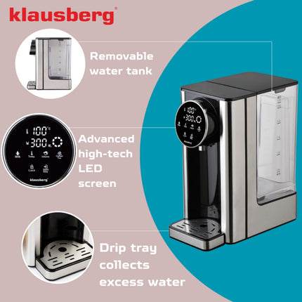 Klausberg KB7880 Distributeur d'eau chaude – 2,7 litres – Commande tactile LED – Contrôle de la température et du volume – 2600W - Distributeur d'eau chaude