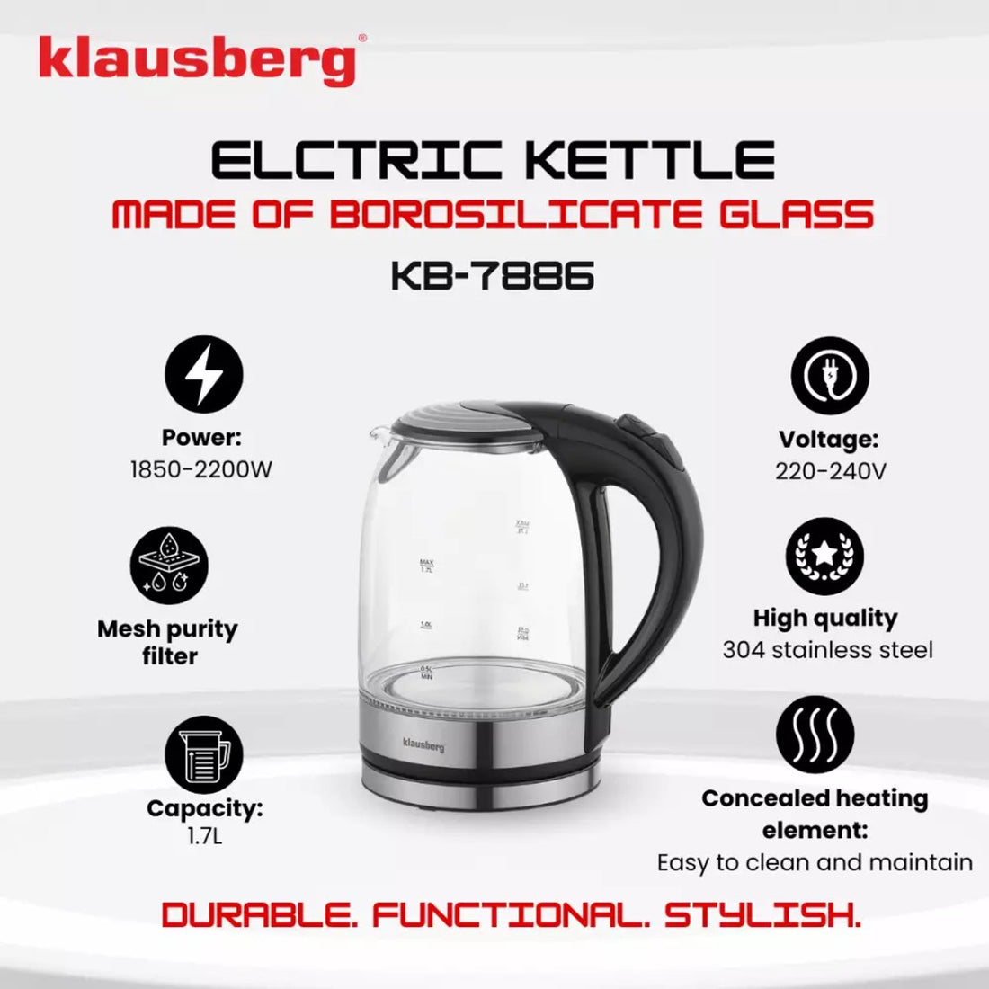 Klausberg KB7886 Elektrische Waterkoker - 1,7 L, 1800W, Borosilicaatglas & RVS 304, LED Verlichting, 360° Draaibare Basis