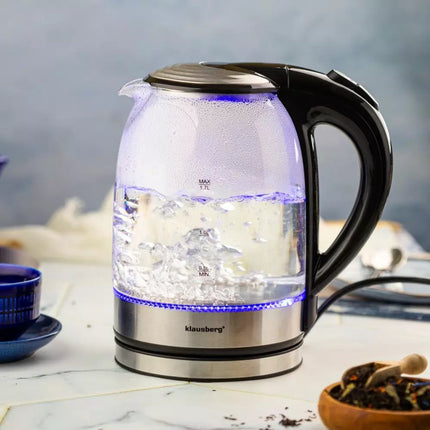 Klausberg KB7886 Bouilloire Électrique - 1.7L, 1800W, Verre Borosilicate & Acier Inoxydable 304, Éclairage LED, Base Rotative à 360°