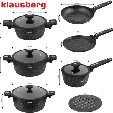 Klausberg Set de casseroles 12 pièces - Revêtement antiadhésif en marbre noir - Compatible induction - Casseroles et couvercles inclus - KB-7966 - Batterie de cuisine - Ensemble de cuisson -