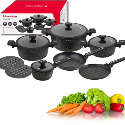 Klausberg Set de casseroles 12 pièces - Revêtement antiadhésif en marbre noir - Compatible induction - Casseroles et couvercles inclus - KB-7966 - Batterie de cuisine - Ensemble de cuisson -