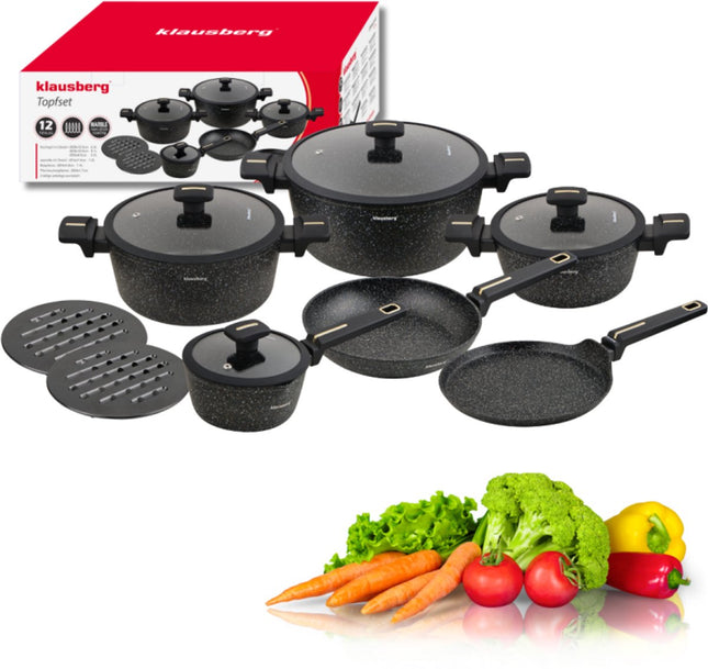 Klausberg Set de casseroles 12 pièces - Revêtement antiadhésif en marbre noir - Compatible induction - Casseroles et couvercles inclus - KB-7966 - Batterie de cuisine - Ensemble de cuisson -