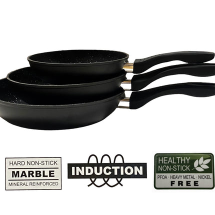 Aluminium trempé forgé - Set de 3 poêles à frire à induction - Revêtement antiadhésif Hard Marble - Ø 20, 24 & 28 cm - Poêle à rôtir - SANS PFOA-NICKEL