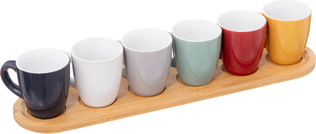 Ensemble de tasses à espresso/café - 6x - avec plateau en bambou - tasses en faïence - 90ml - couleurs assorties