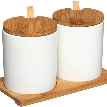 Pots à sucre - Pots à épices avec cuillère - avec couvercle et support en bambou