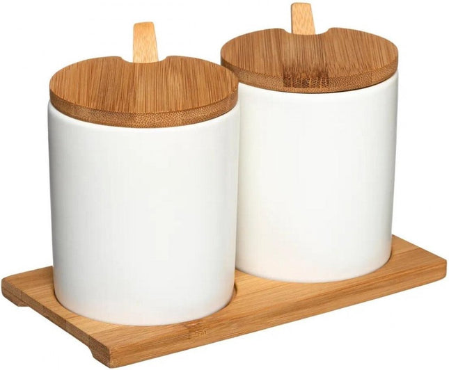 Pots à sucre - Pots à épices avec cuillère - avec couvercle et support en bambou