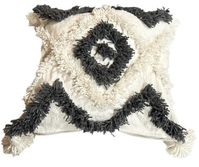 Housse de Coussin Carré Marocain avec Pompons blanc-gris 44 x 44 cm