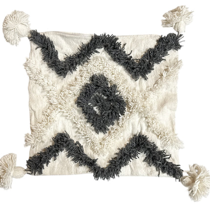 Housse de Coussin Carré Marocain avec Pompons blanc-gris 44 x 44 cm