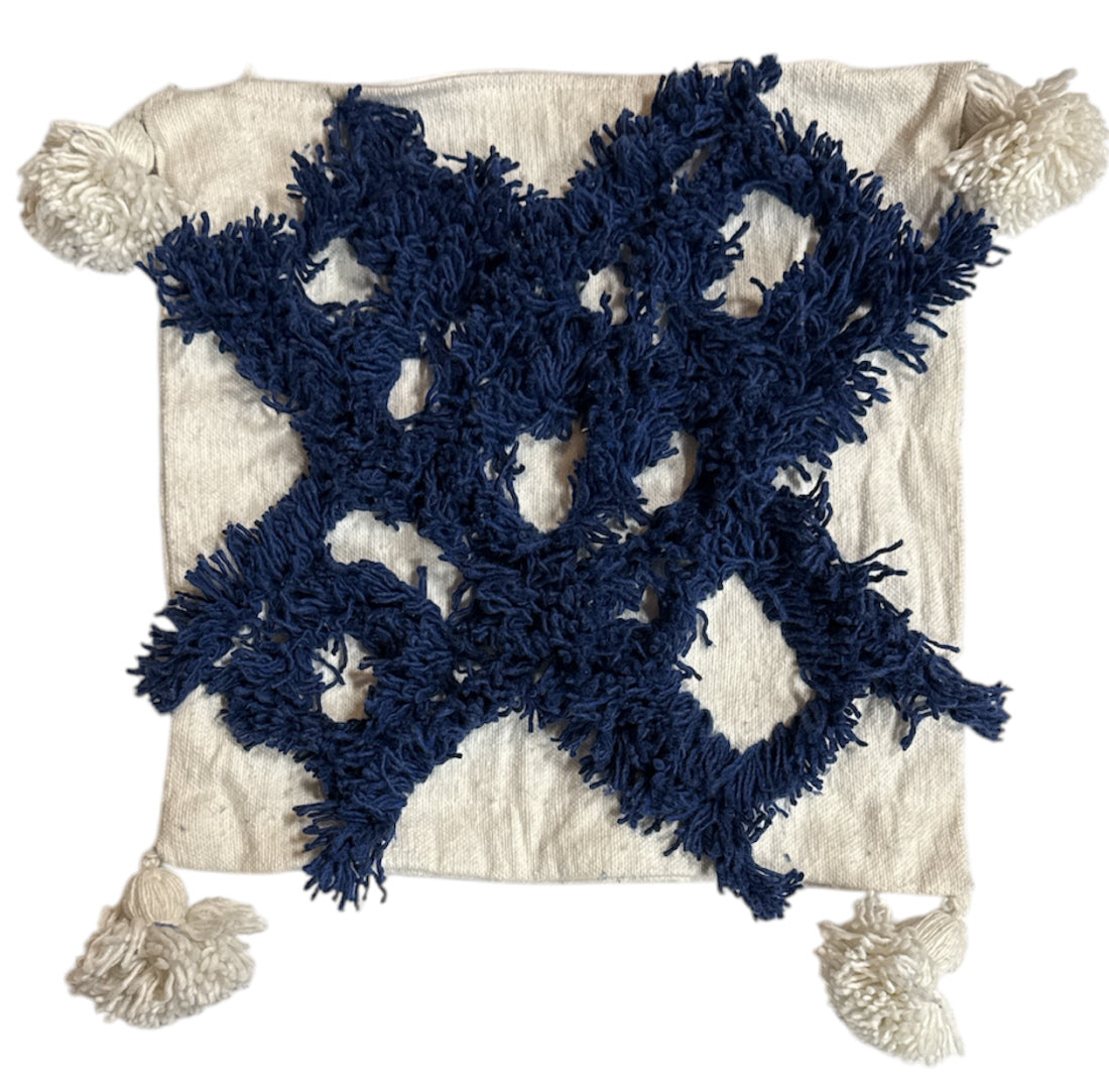 Marokkaanse Vierkante Kussenhoes met Kwastjes blauw 44 x 44 cm