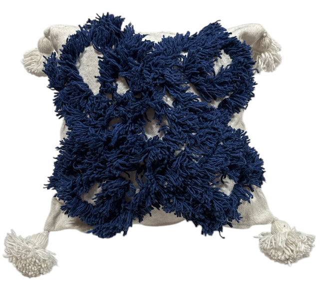 Housse de coussin carrée marocaine avec pompons bleue 44 x 44 cm