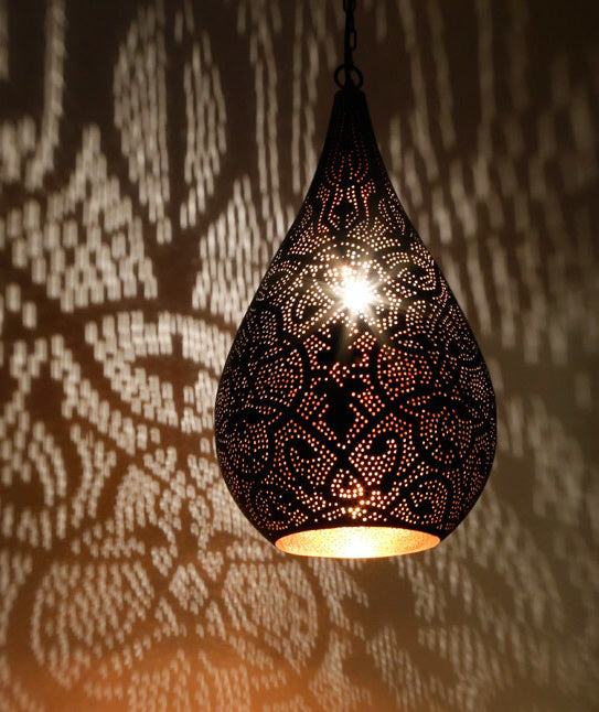 Oriental filigree style pendant lamp, matte white exterior & gold-colored interior