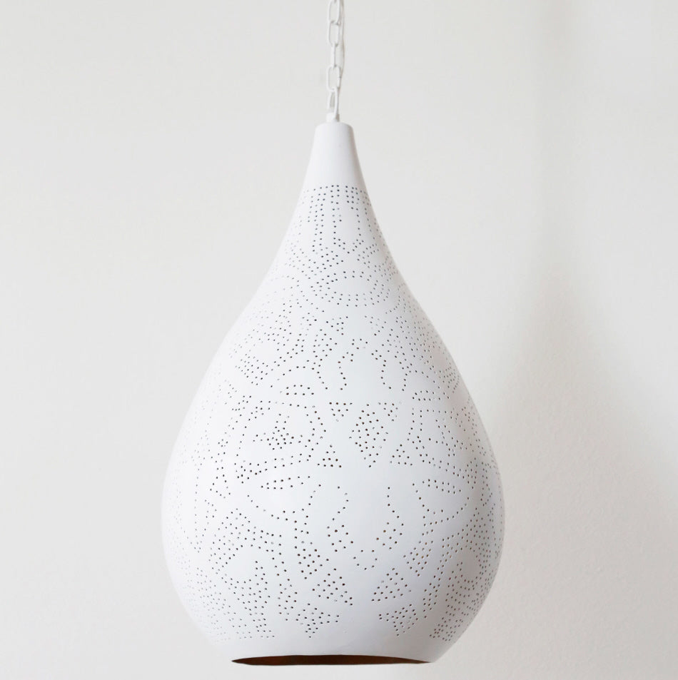 Oriental filigree style pendant lamp, matte white exterior & gold-colored interior