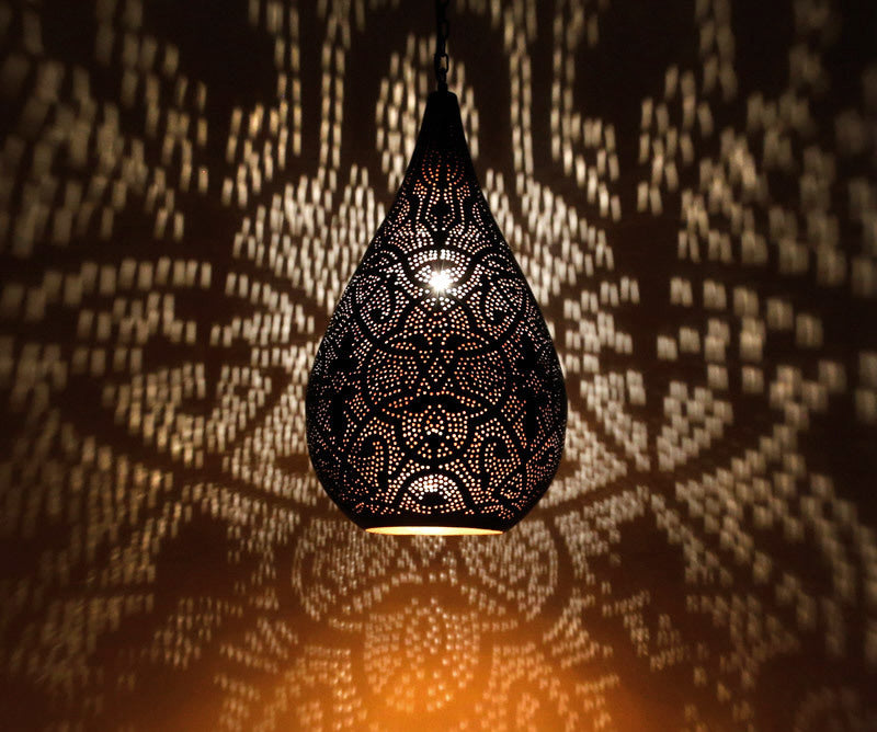 Oriental filigree style pendant lamp, matte white exterior & gold-colored interior