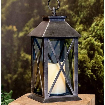 Lot de 2 - Lanterne de jardin rustique avec bougie LED à piles - Éclairage de jardin / Lumière d'ambiance - Noir - Photophore à piles - Lampe de table d'extérieur avec effet flamme