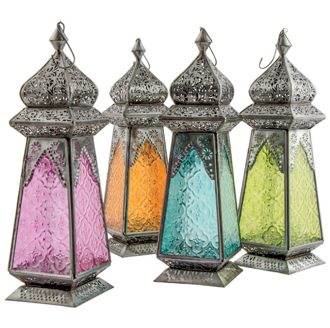 Marokkaanse lantaarn van ijzer en gedessineerd glas – 35 cm, 4 kleuren