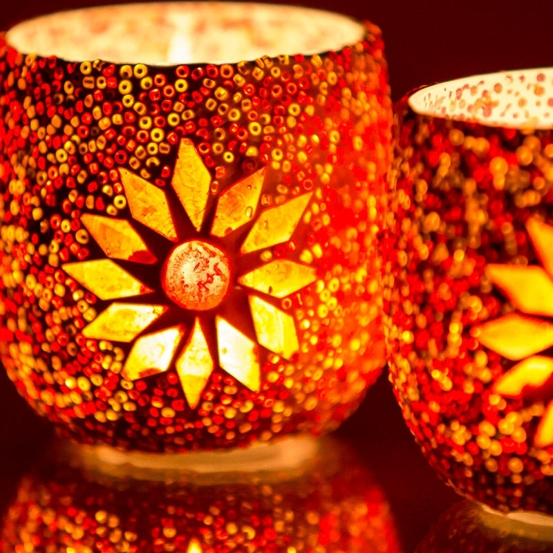 Mediteraanse waxinehouder mozaïek Ø 8 cm Rood - Set van 2 stk - Oranje
