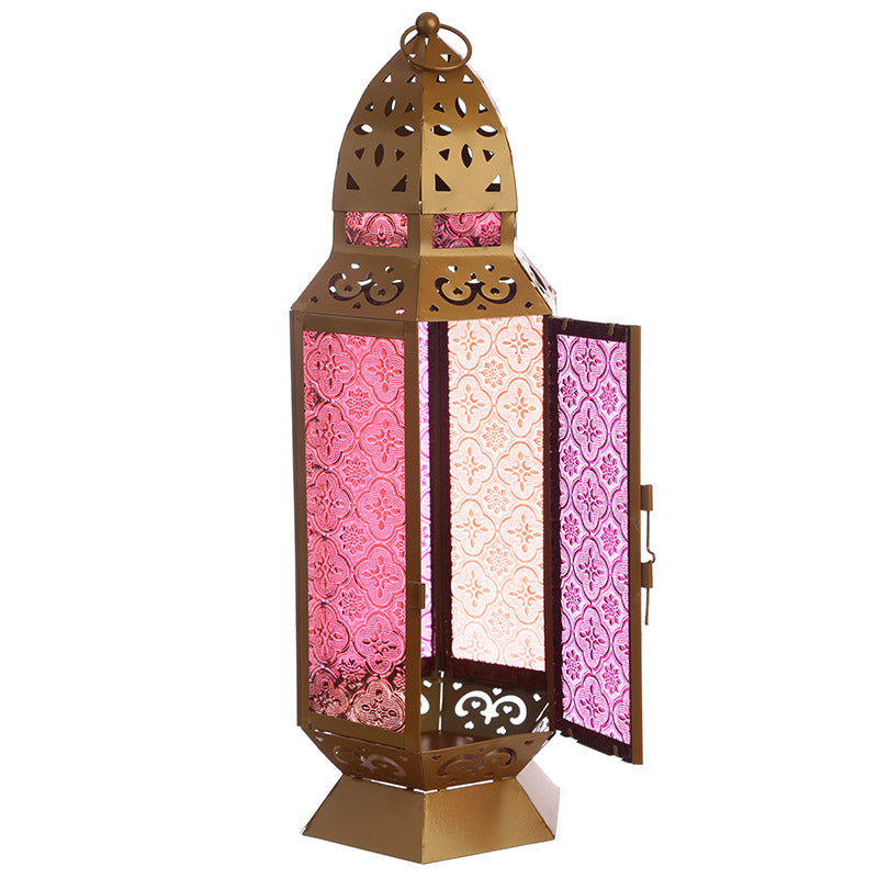 Gold-colored Moroccan metal & glass lantern