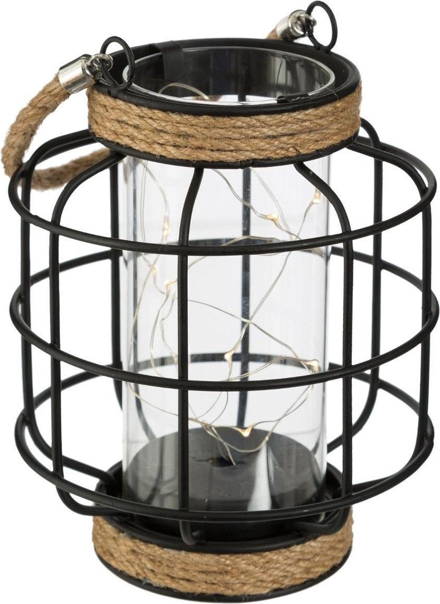 Black steel lantern with rope LED height 17.5cm