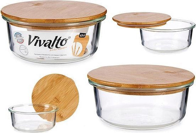 Boîte de conservation ronde pour cuisine - Boîte à déjeuner - Verre transparent et bambou - 62cl