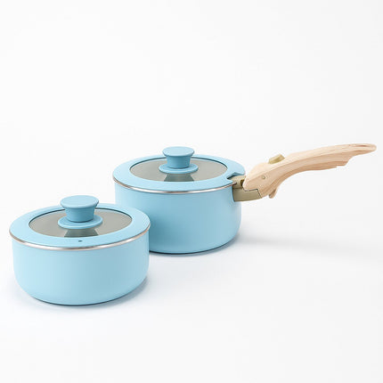 Batterie de cuisine de luxe 5 pièces – Bleu clair – Avec poignée en bois interchangeable, couvercle en verre et protections de casseroles – Convient à toutes les sources de chaleur