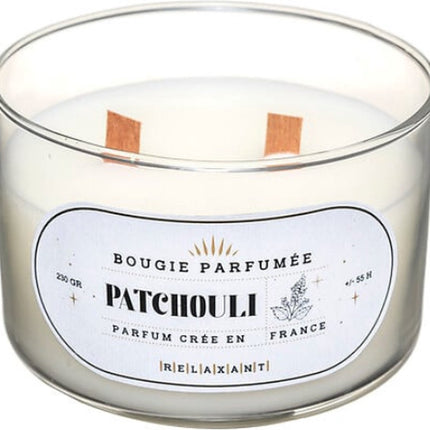 Coffret Cadeau de 3 Bougies Parfumées de Luxe – Patchouli, Ambre et Jasmin – Mèche en Bois Crépitante