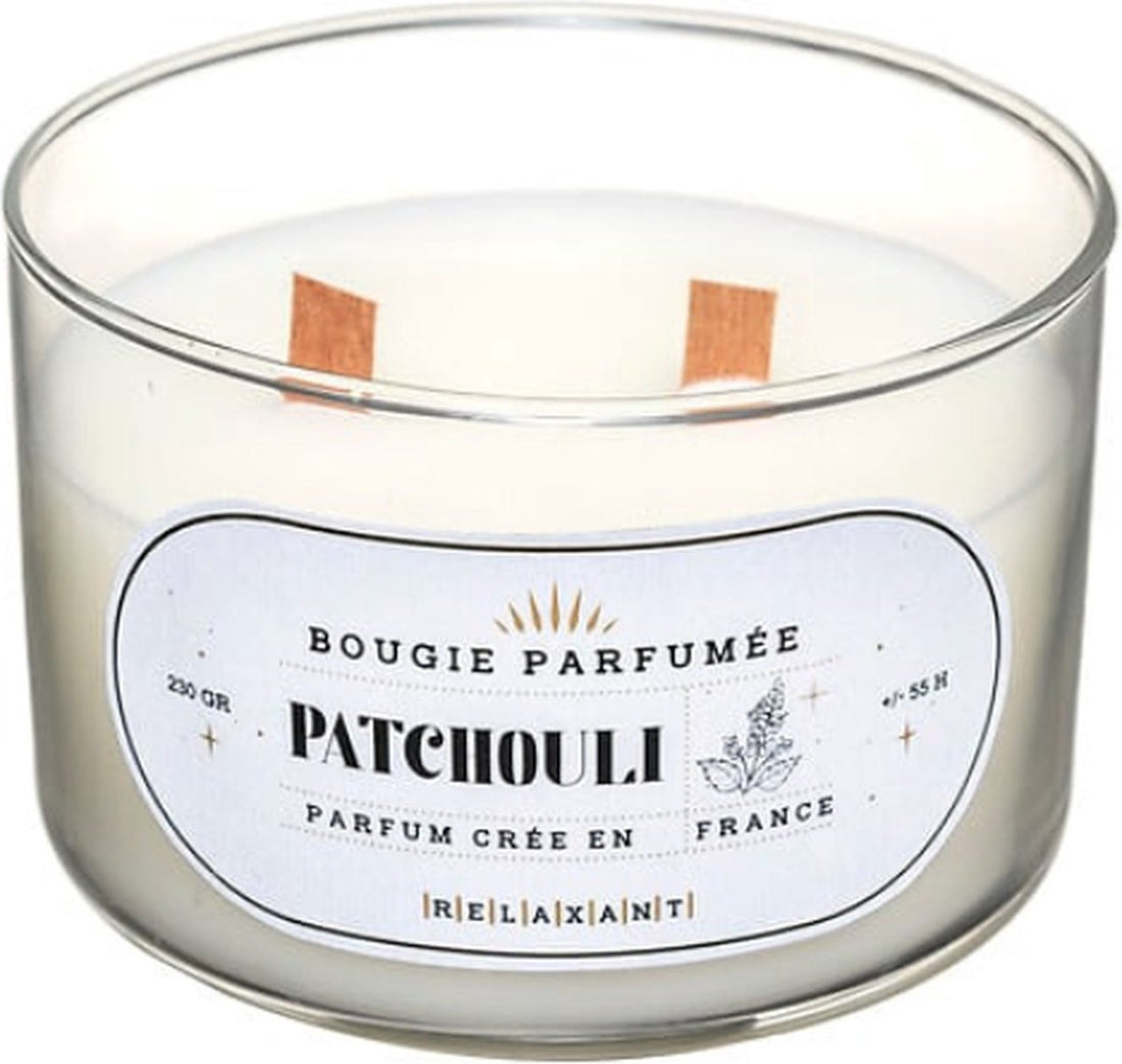 Luxe Geurkaarsen Geschenkset van 3 – Patchouli, Amber en Jasmijn – Houten Knetterlont