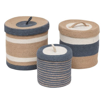 Lot de 3 paniers ronds avec couvercle en jute – Ensemble de rangement de trois pièces en tailles L, M et S (Ø 27 cm) – Jute naturel et écologique