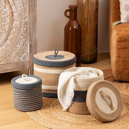 Lot de 3 paniers ronds avec couvercle en jute – Ensemble de rangement de trois pièces en tailles L, M et S (Ø 27 cm) – Jute naturel et écologique