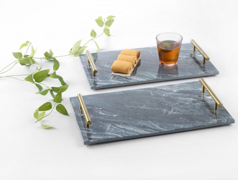 Marble serving tray with gold handles 40x24cm black / white