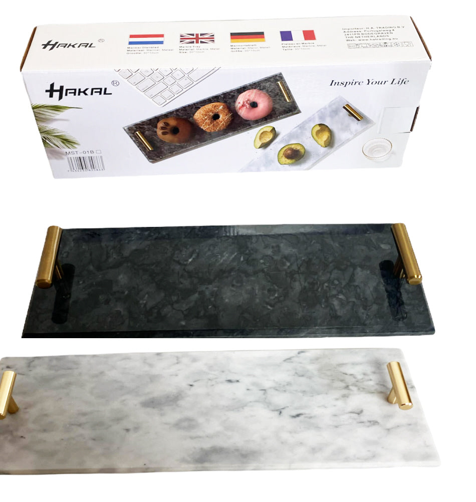 Marble serving tray with gold handles 40 x 14 cm black / white