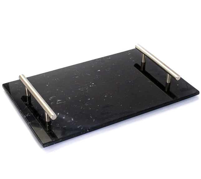 Plateau en marbre noir avec poignées argentées 30 x 20 cm