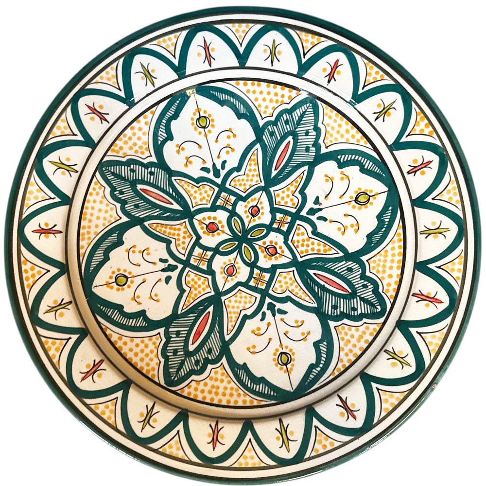 Marokkanische Schale Ø35 cm – Handgefertigt & Handbemalt – Grünes geometrisches Motiv
