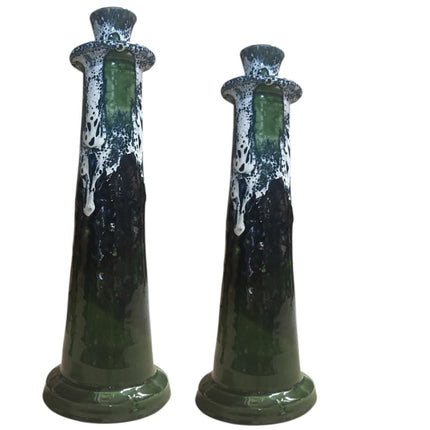 Bougeoir Marocain Noir/Blanc/Vert – Poterie Faite Main avec Glaçure Coulante (28/32 cm)