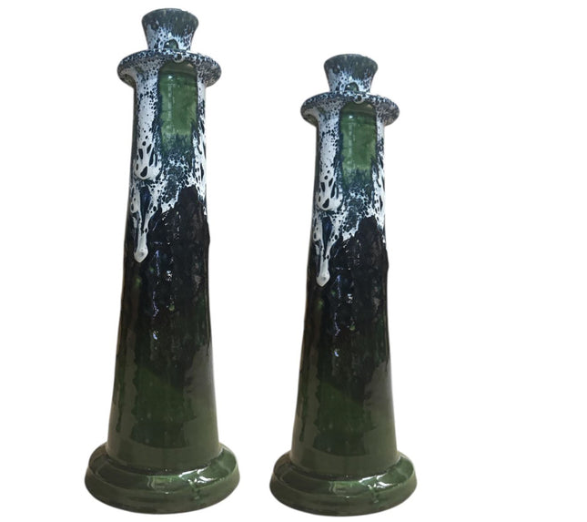 Bougeoir Marocain Noir/Blanc/Vert – Poterie Faite Main avec Glaçure Coulante (28/32 cm)