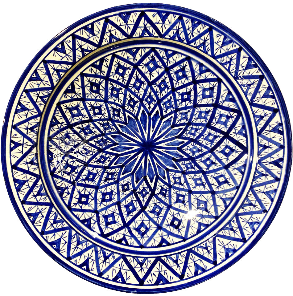 Grote Marokkaanse schaal handbeschilderd – blauw en zwart aardewerk, ø 35 cm