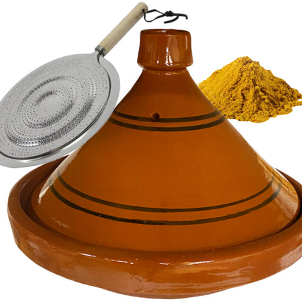 Tajine marocaine en poterie authentique 35 cm + Épices et diffuseur de chaleur