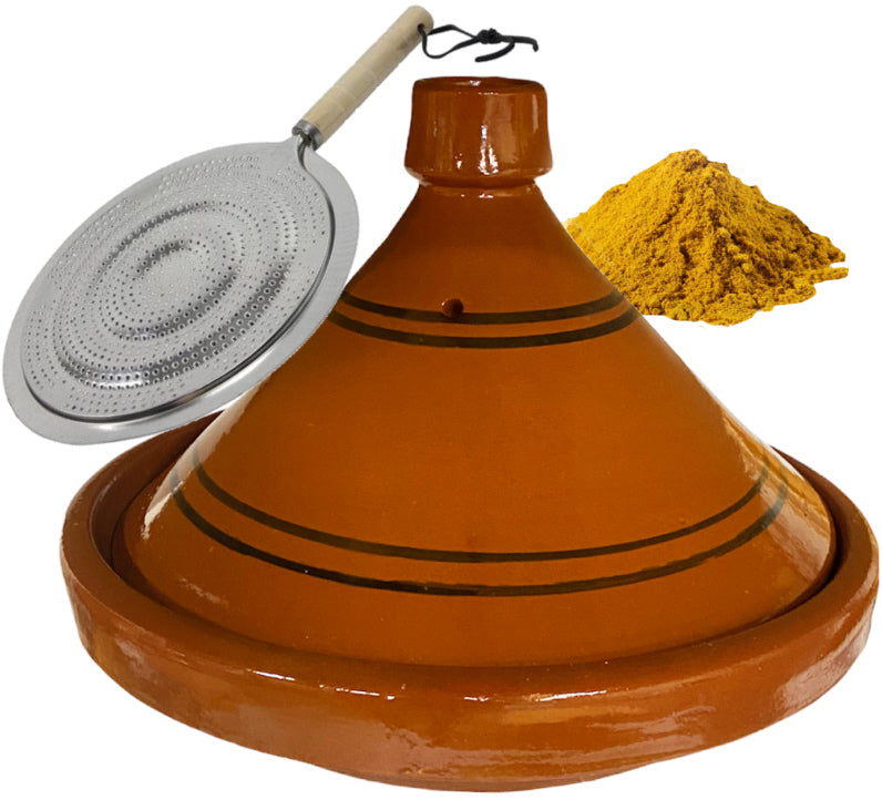 Marokkaanse aardewerk tajine 35 cm – set met vlamverdeler en ras el hanout