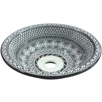 Lavabo Marocain 35cm – Céramique Faite Main – Design Noir et Blanc – Vasque Unique en Céramique