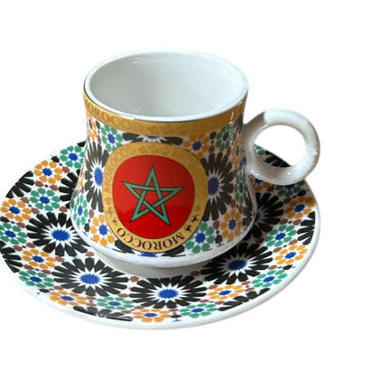 Tasse et Soucoupe à Expresso Marocaine – Motif Zellige Coloré avec Étoile Marocaine
