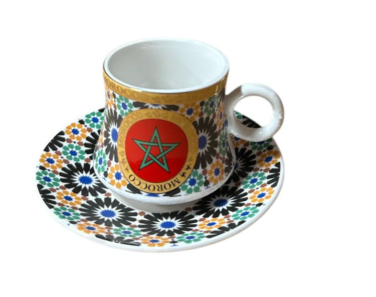 Marokkaanse Espresso Kop & Schotel – Kleurrijk Zellige Patroon met Marokkaanse Ster