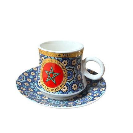 Tasse et soucoupe à expresso marocaines – Motif mosaïque avec drapeau marocain – Céramique