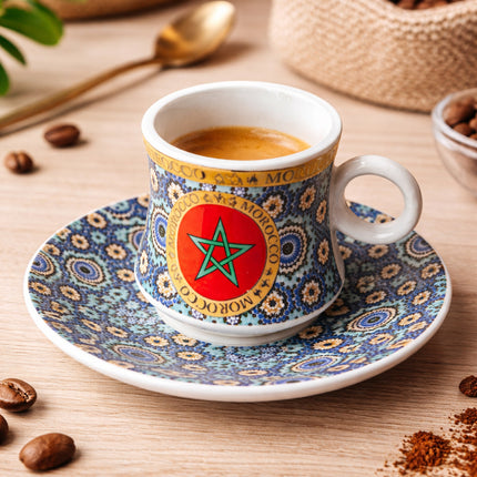Tasse et soucoupe à expresso marocaines – Motif mosaïque avec drapeau marocain – Céramique