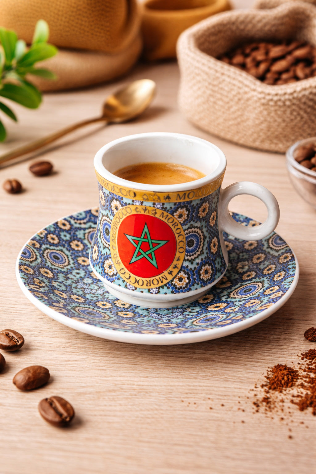 Marokkaanse espressokop met schotel – keramiek met mozaïek en Marokkaanse vlag