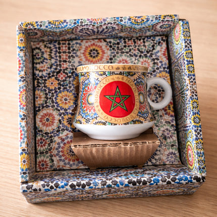 Tasse et soucoupe à expresso marocaines – Motif mosaïque avec drapeau marocain – Céramique