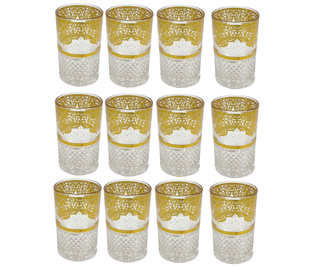 Verres à Thé Marocains Or – Set de 12 pièces | Design Traditionnel avec Motif | 160ml